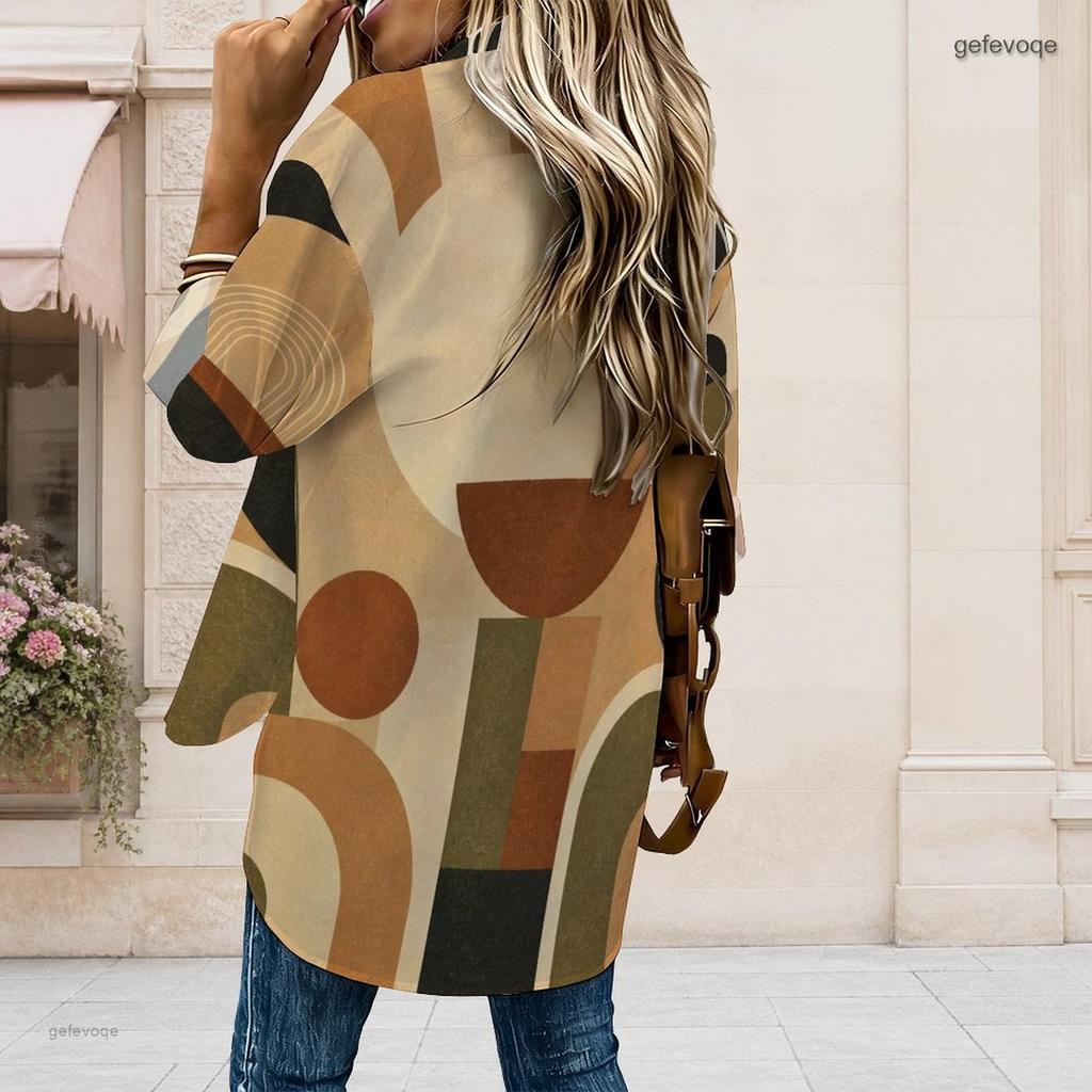 Women Plus Size Geometric Printed Collared Long Sleeve Button Front High Low Curved Hem Shirt