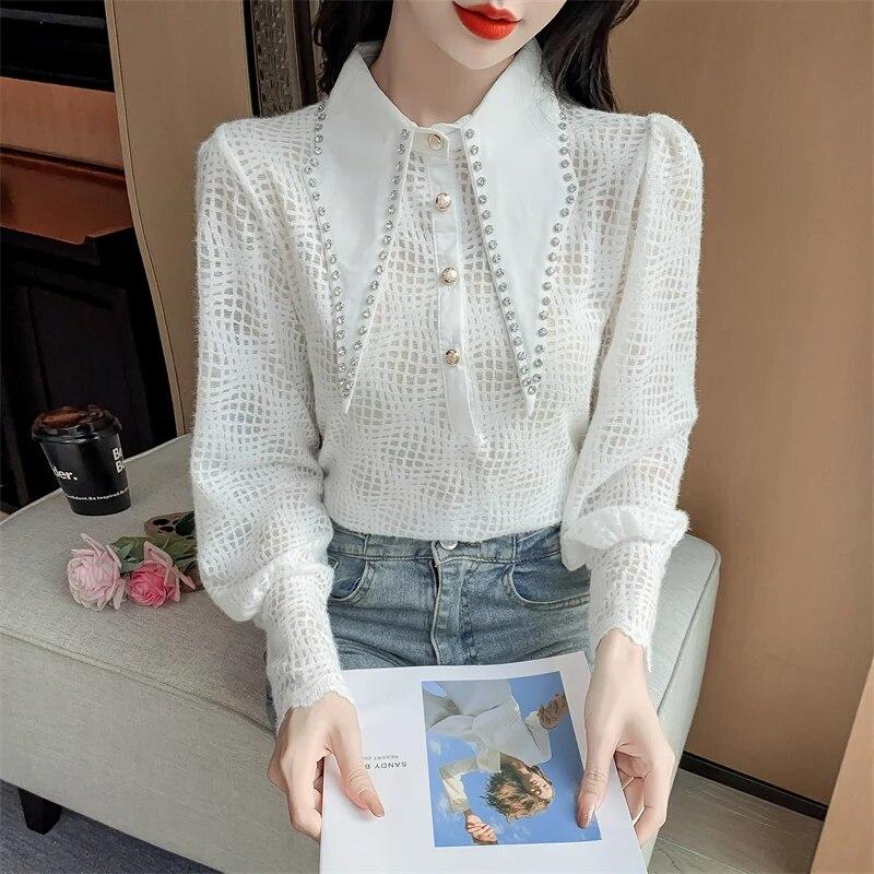 Осенние простые белые топы с бисером, ажурная кружевная рубашка, модная блузка с длинными рукавами и фонариком, элегантная одежда, темперамент, Blusas 29530