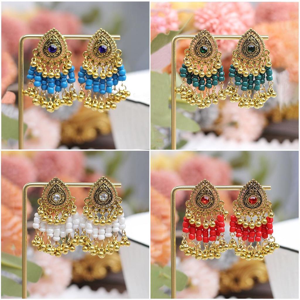 Европейско-американские богемные этнические серьги с бусинами и стразами в форме колокольчиков - Смелый ретро-стиль