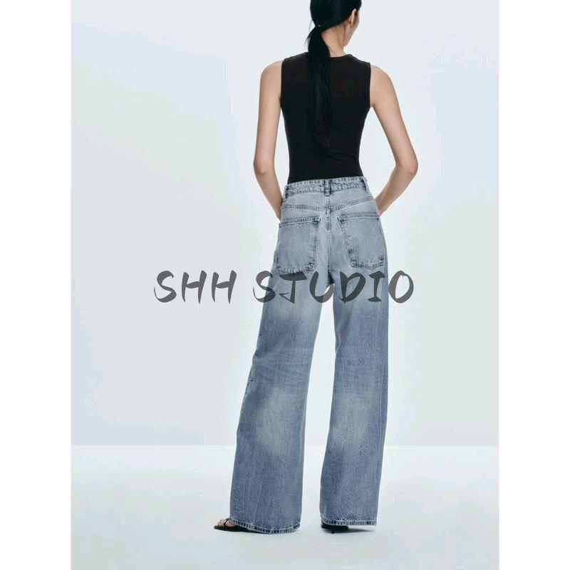 Summer New Product Women's Clothes Metal Button Decoration Cotton Retro High Waist Extra Wide Trouser Legs Denim 6688027