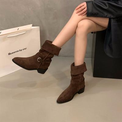 Полусапоги на высоком каблуке из замши с острым носком, сапоги-рыцари, женские сапоги 2025 осень и зима, кофейные, майярдовые, короткие сапоги, сапоги с ворсом