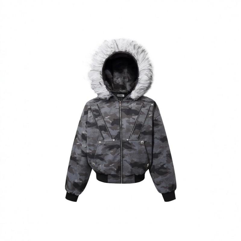American Style Camo Short Parka Teens Faux Fur Trim Zip-Up Cotton Padded Winter Coat