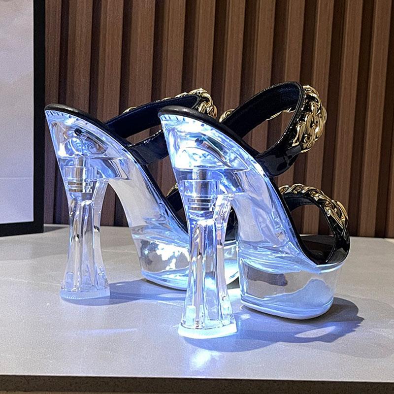 Женская обувь, пикантные шлепанцы на высоком каблуке со светящейся металлической пряжкой и кристаллами, серия 10365, каблук 14 см, платформа 4 см, LFD