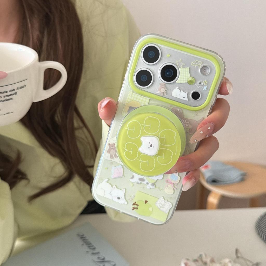 Милый Чехол Зеленое Яблоко Китти Щенок для iPhone 16/15/17 Pro Max для Женщин