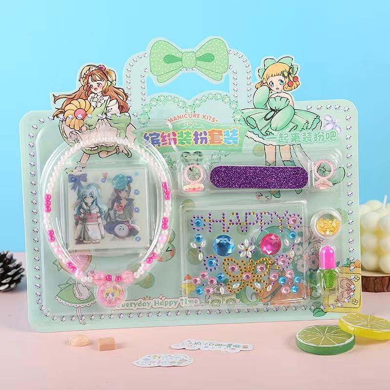 Kids Stickers Nail Polish Makeup Kit Girls Princess Dress Up Stickers Necklace Ring Set Children'S Play House Toys Gifts