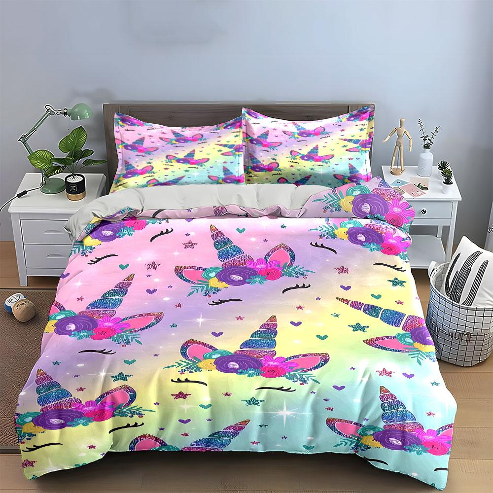3Pcs Rainbow Gradient Unicorn Horn Floral Duvet Cover Set, Pastel Glitter Heart Girls Bedding Single Double King Queen, Gift
