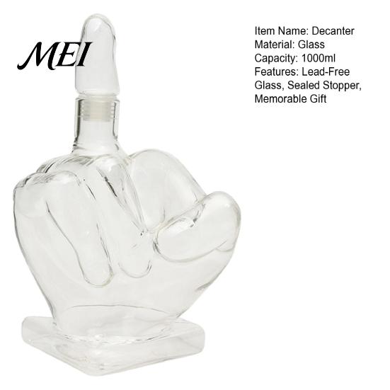Party Drinkware Essentials Middle Finger Whiskey Decanter, 1000ml Glass Fist Dispenser with Stopper, Father's Day Present Unique Hand Shape