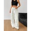 Women's fashion wide-leg pants, light blue lines, clean cream backing, multi-pose cat full-print trousers