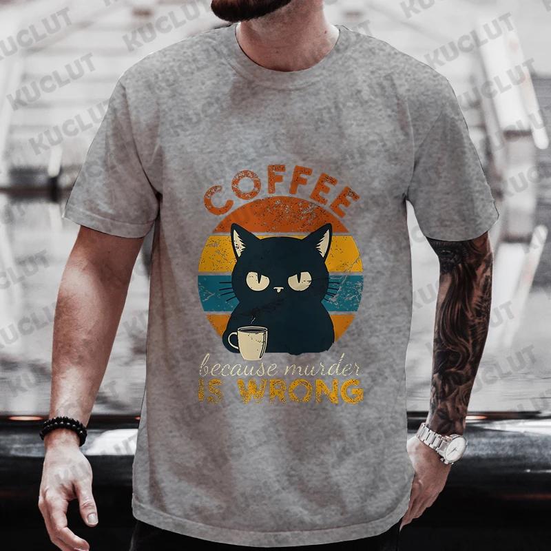 Мужская уличная одежда Cat Lover Funny Coffee Because Murder Print Футболка с коротким рукавом и круглым вырезом Уличная летняя футболка