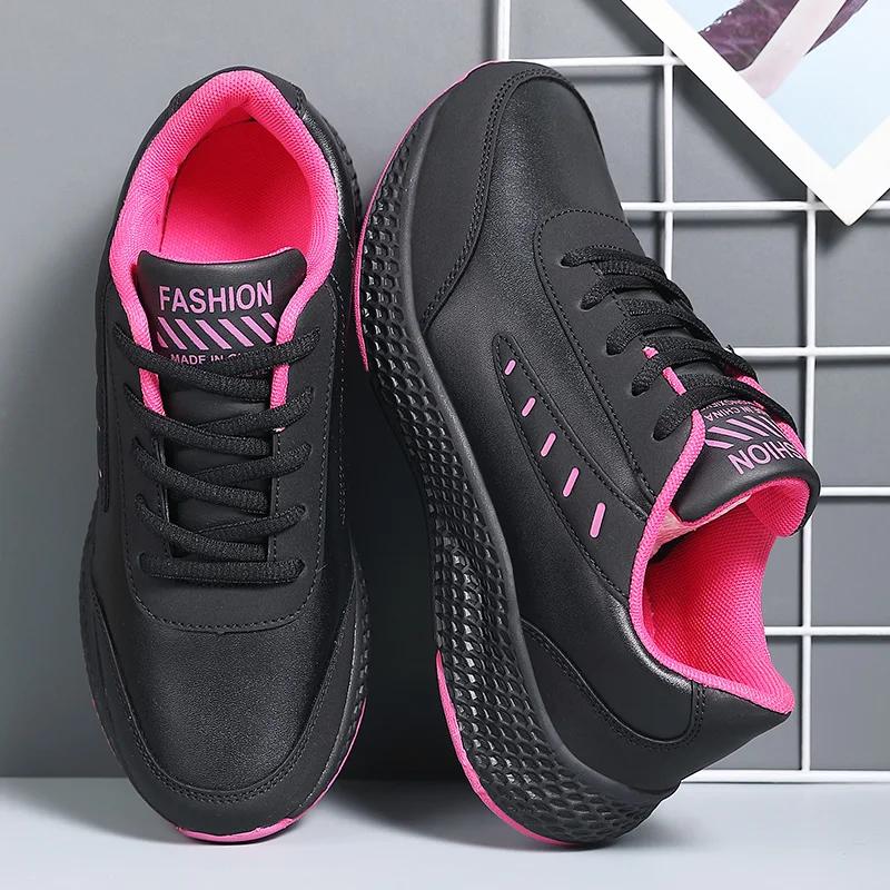 Fashion Women's Leather Sneakers Casual Sneakers Lace Up Flats Lightweight Comfortable Black Anti-slip Running Shoes Outdoor Sports
