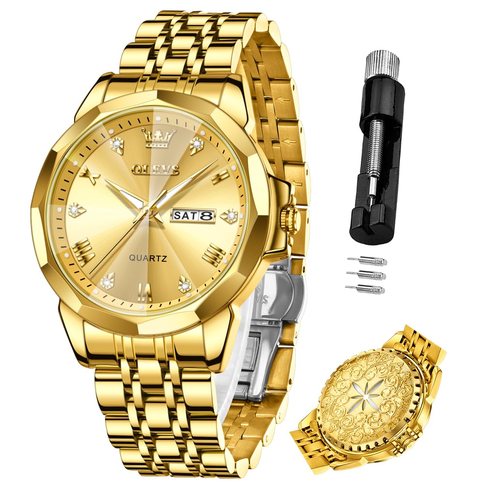 OLEVS Quartz Fragrance Stainless Date Brand Gold Men's Watch, Steel, Waterproof, Display, Calendar, Luminous, Popular, Stylish, Name,