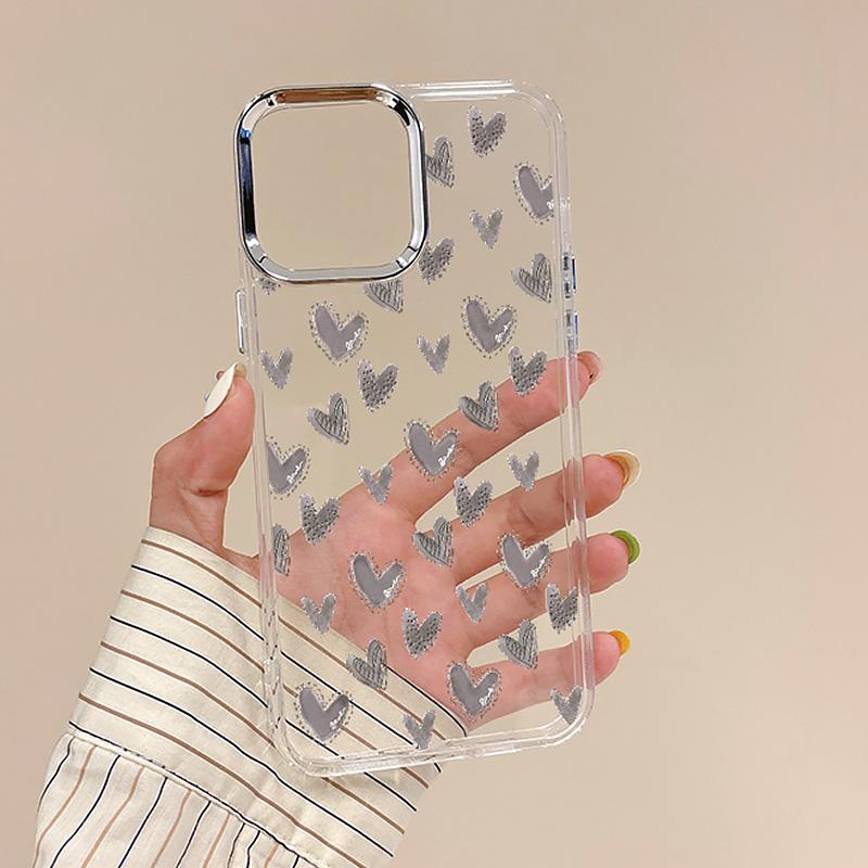 Electroplating Lens Frame Cute Love Heart Case For iPhone 16 15 14 Pro Max Plus 12 13 Pro 11 Clear Shockproof Phone Cover