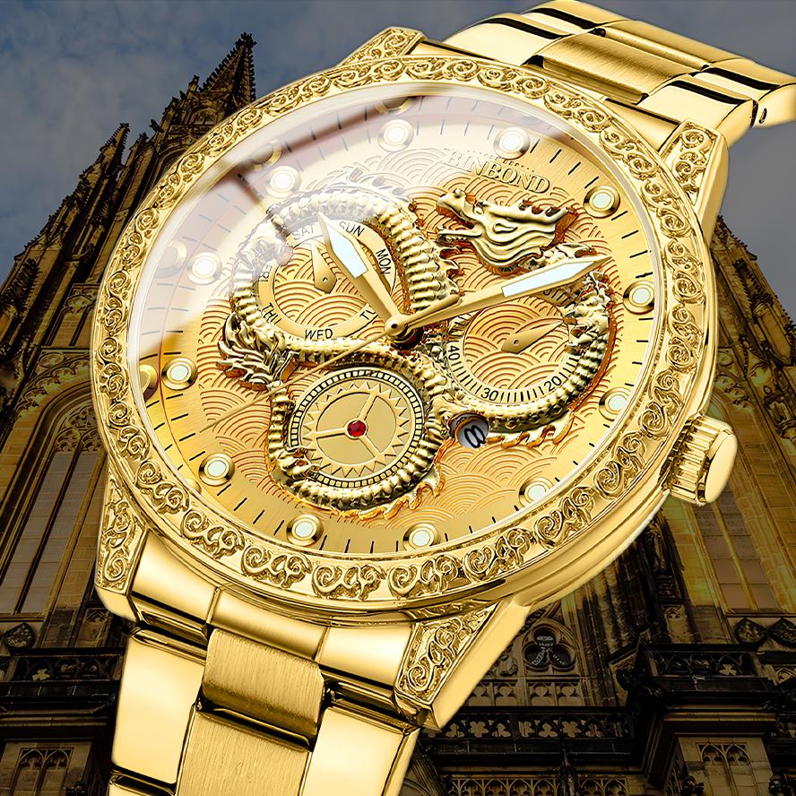 Мужские кварцевые часы Three Flame Dragon с рельефным золотым драконом, водонепроницаемые, светящиеся, с календарем, подарок на фестиваль