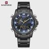 Mens Multifunctional Double-Display Watches Date Stainless Steel Watchband LED Luminous Mode Waterproof Wrist Watch