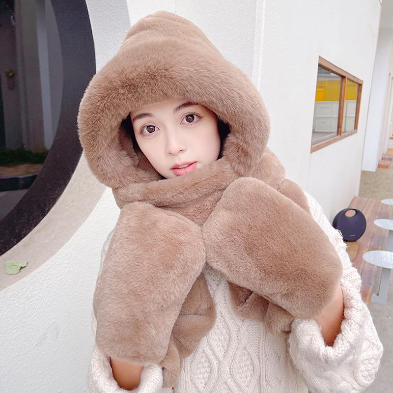 Женский зимний комплект из шапки и шарфа: Теплый, толстый плюш, устойчивый к холоду, с перчатками для велоспорта.