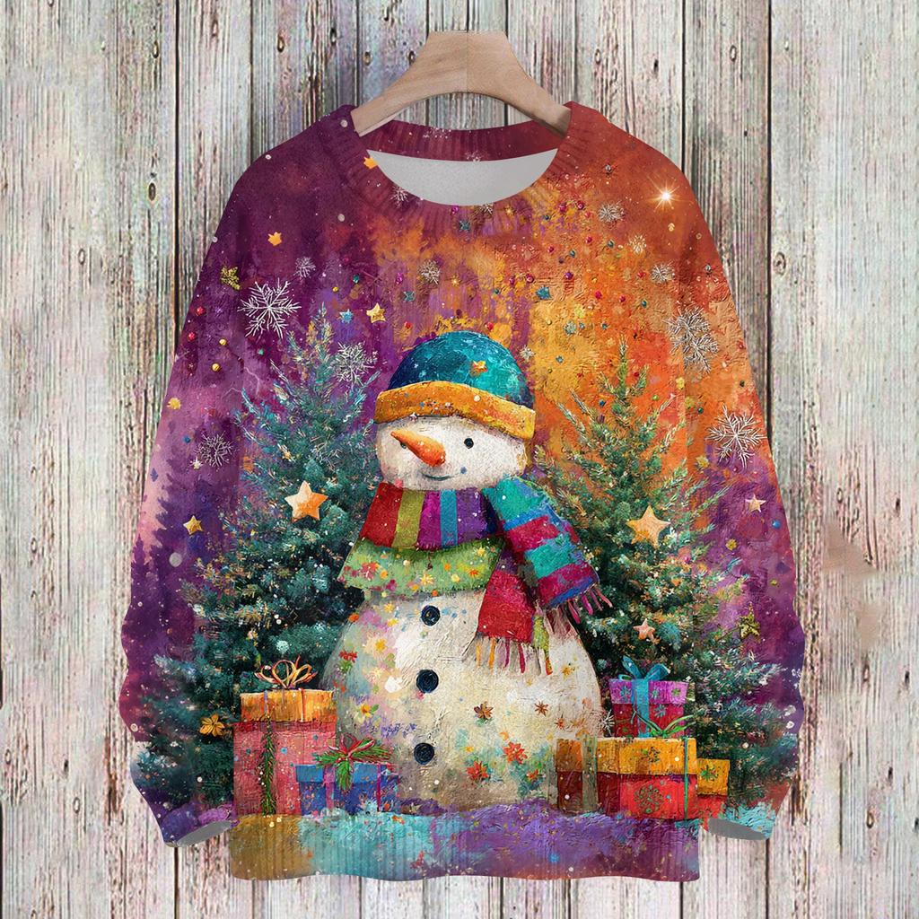 Ladies' Fashionable And Casual Christmas Cute Printed Round Neck Long Sleeved Knitted Yarn