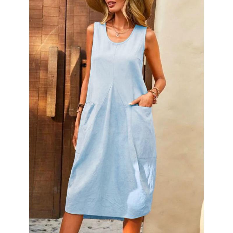 VEZFAA Женские модные летние весенние однотонные повседневные платья без рукавов с U-образным вырезом и свободной талией