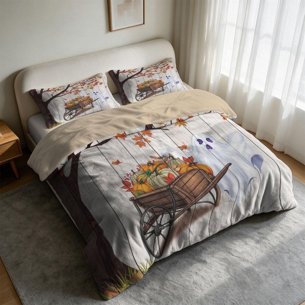 3PCS Autumn Ghost Pumpkin Trolley Milk Velvet Bedding Set No Filling 1 Duvet Cover 2 Pillowcases Soft Warm Winter Household B