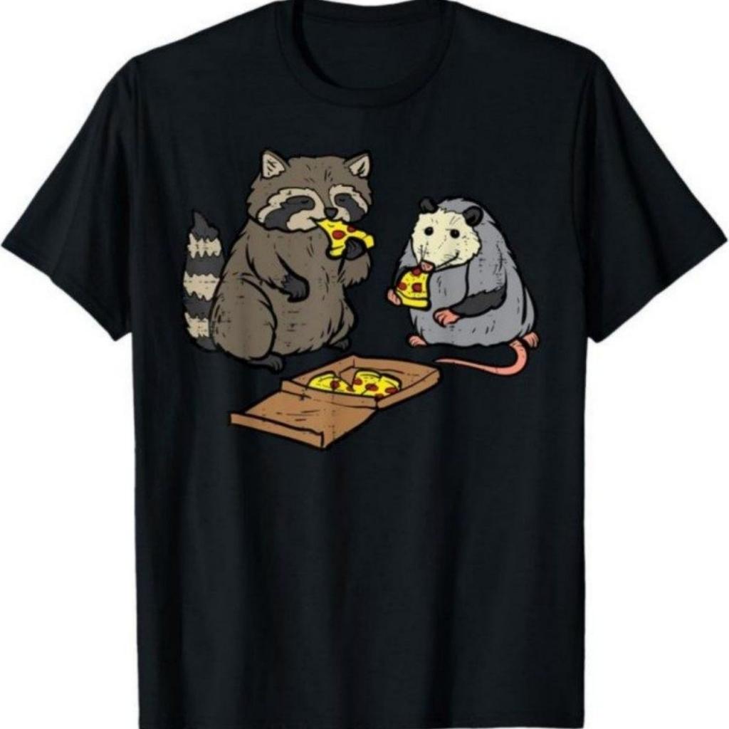 Raccoon Opossum Eating Pizza Funny Graphic Tee For Men Casual Cotton Tshirt