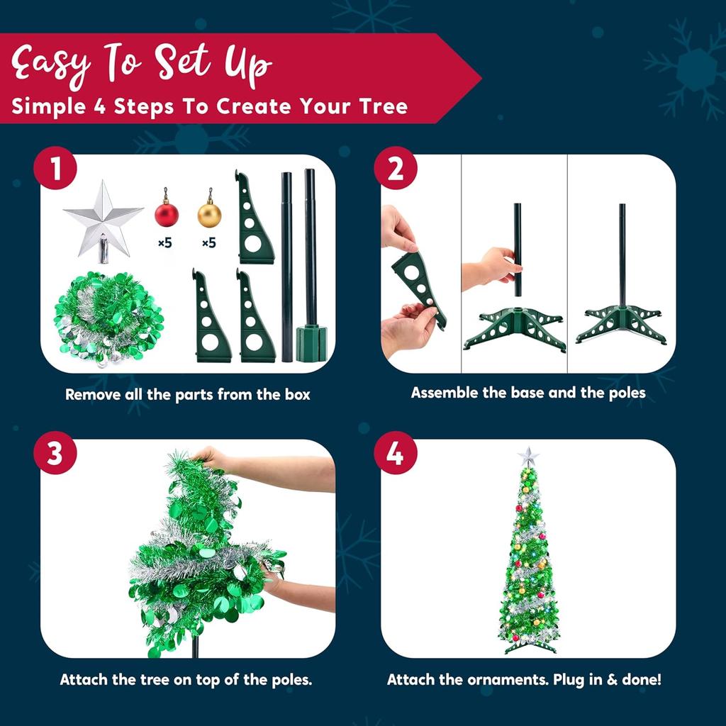 JOYFY 5 FT Pop Up Christmas Green Tree with Lights Collapsible Tinsel Christmas Tree Decorations for Home Holiday Party