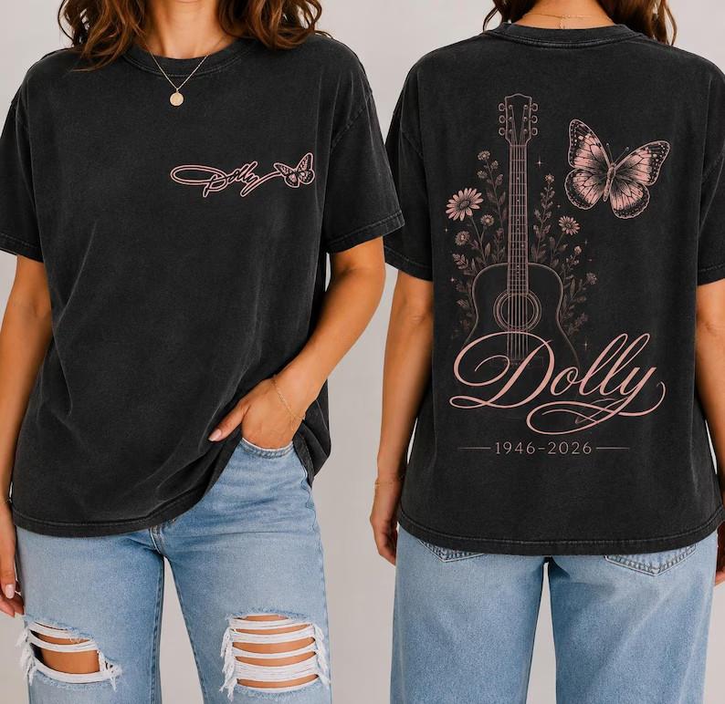 Dolly Parton Washed Black Vintage Guitar Flowers Butterfly Pink Graphic T Shirt