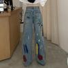 Модные красочные рваные джинсы с рисунком каракули, женские узкие прямые брюки с высокой талией, широкие брюки, женские винтажные синие повседневные джинсовые брюки, женские 24247