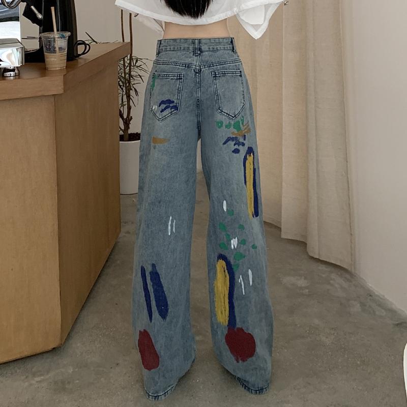 Модные красочные рваные джинсы с рисунком каракули, женские узкие прямые брюки с высокой талией, широкие брюки, женские винтажные синие повседневные джинсовые брюки, женские 24247