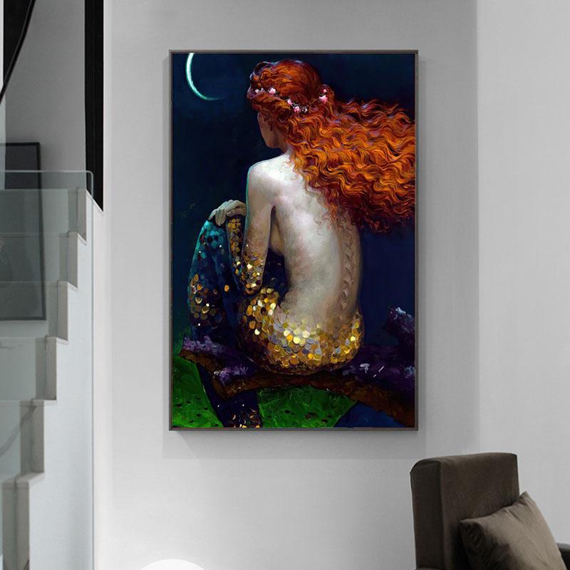 Abstract Long Hair Mermaid Canvas Painting Mermail Posters and Prints Wall Art Pictures For Living Room Home Decor No Frame