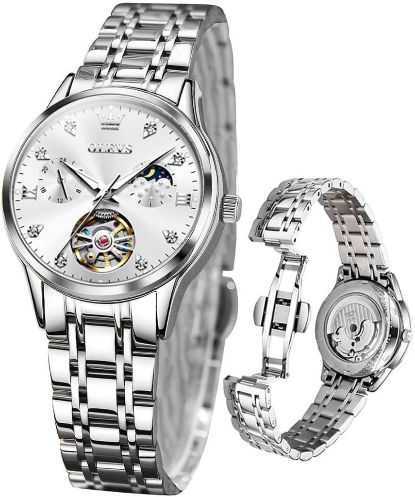 OLEVS Ladies Watch Mechanical Automatic Cute Arm Watch Ladies Watch Waterproof Luminous Diamond Sparkling Ladies Watch Date Ladies Watch White