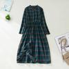 Women Dress with Belt V-Neck Long Sleeve Plaid Pattern Midi Dress Retro Style Spring Summer Fall A-Line Dress
