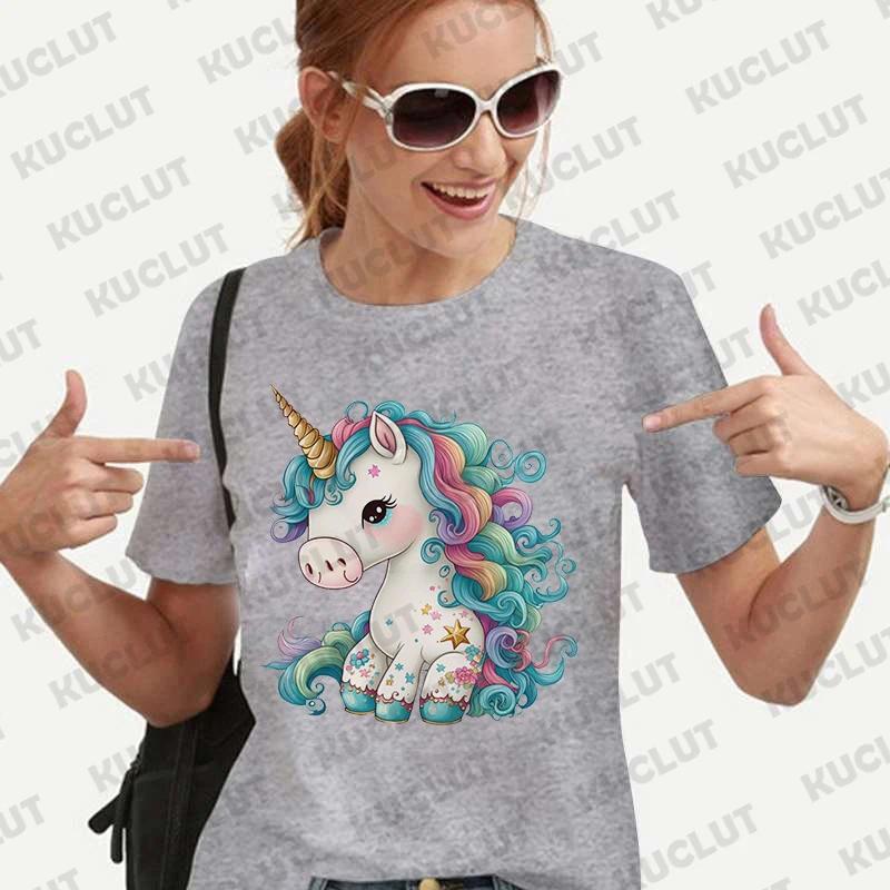 Футболки для женщин Футболка с милым принтом Fuuny Unicorn Летние женские футболки Повседневная женская одежда Harajuku Oversize Футболки Топы