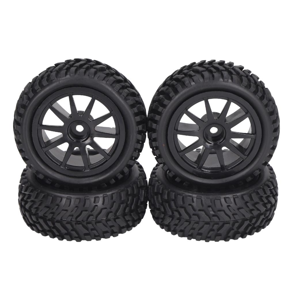 4PCS RC Tires and Wheel 10 Spoke Plastic Wheel Rims Rubber Tires Set RC Replacement Tyres for 1/16 RC Car Black