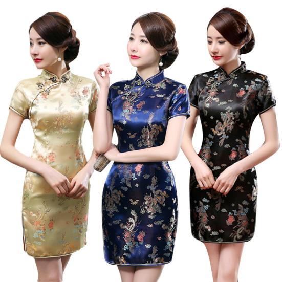 Women Chinese Dragon Phoenix Embroidery High Neck Short Sleeve Split Mini Dress