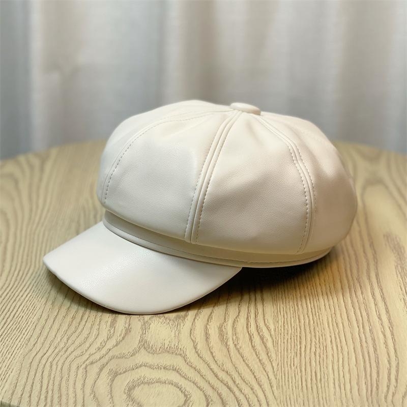 Осень и Зима Женская Восьмиугольная Шляпа с Большой Головой Кожаная Шляпа Художника Корейская Версия ПУ Большая Кепка с Козырьком Британский Универсальный Берет Мужская Зимняя