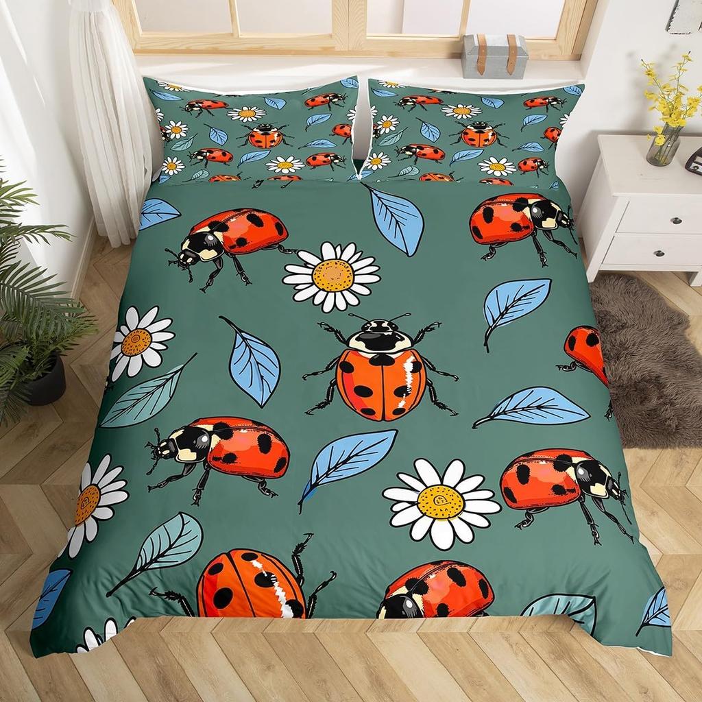 Cute Ladybug Duvet Cover Twin Queen Cartoon Animal Ladybird Insect Bedding Set Kawaii Wildlife Love Heart Print Comforter Cover