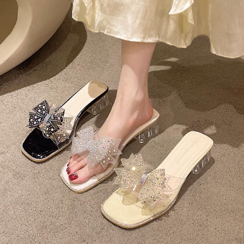 Women Crystal Chunky Sandals New Summer Sexy Fashion Bows Shining Open Toe Sandals Women Design Outdoor High-heeled Slippers