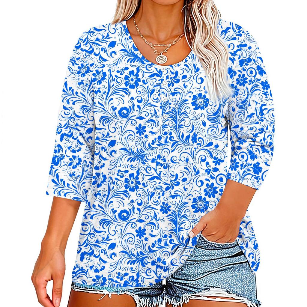 3/4 Sleeve Shirts For Women Print Graphic Tees Button V-neck Blouses Casual Plus Size Basic Tops Pullover