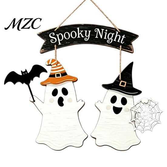 Spider Web Embellishments Halloween Ghost Door Sign with & Bat Design, Wooden Front Hanger Hemp Spooky Party Supplies Rope, Night Hanging Decoration