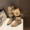 Lazy Wind Belt Buckle Stack Boots 2025 Autumn and Winter Pointed Head Thick Middle Heel Suede Loose Big Tube Circumference Thin Boots Women