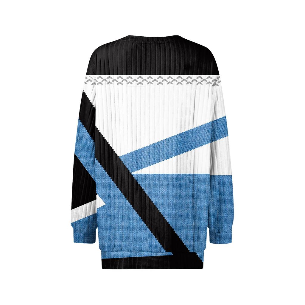 Women's Winter Color-Block Printed Lightweight Brushed-Cotton Round Neck Top