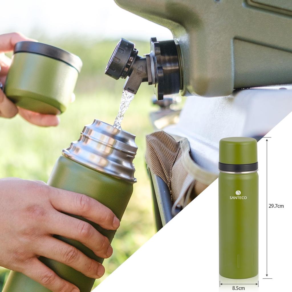 SANTECO Water Vacuum 1 Thermos из нержавеющей стали 2 чашки Thermal Cold Large Совместим со спортивными бутылками Olive Green, изолированный, литр, чашка, 1000 мл,