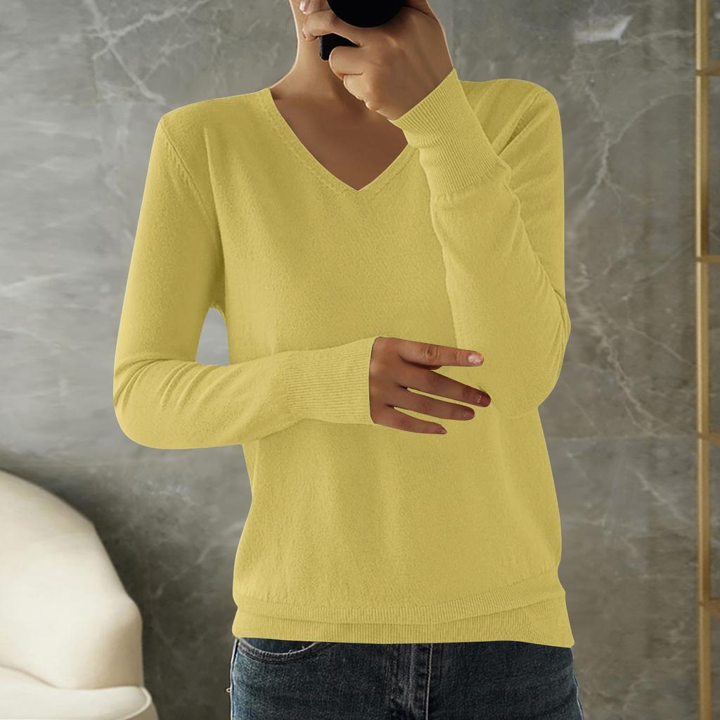 Women's Fashion Loose Knit Sweater Bottom Shirt V-Neck Pullover Long Sleeve Solid Color Top