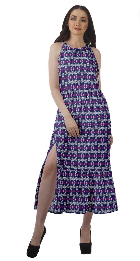 Moomaya Rayon Halter Neck Sleeveless Front Slit Holiday Dress Women Printed