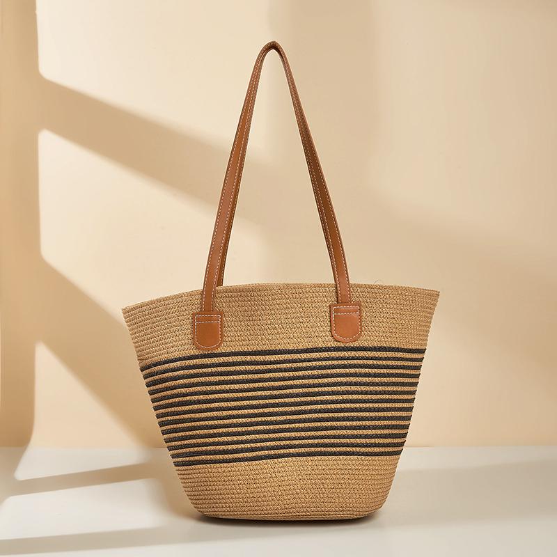 Women Fashion Striped Summer Beach Straw Knitting Shoulder Bag Hollow Out Handwoven Handbags Portable Large Capacity Casual Tote AVE