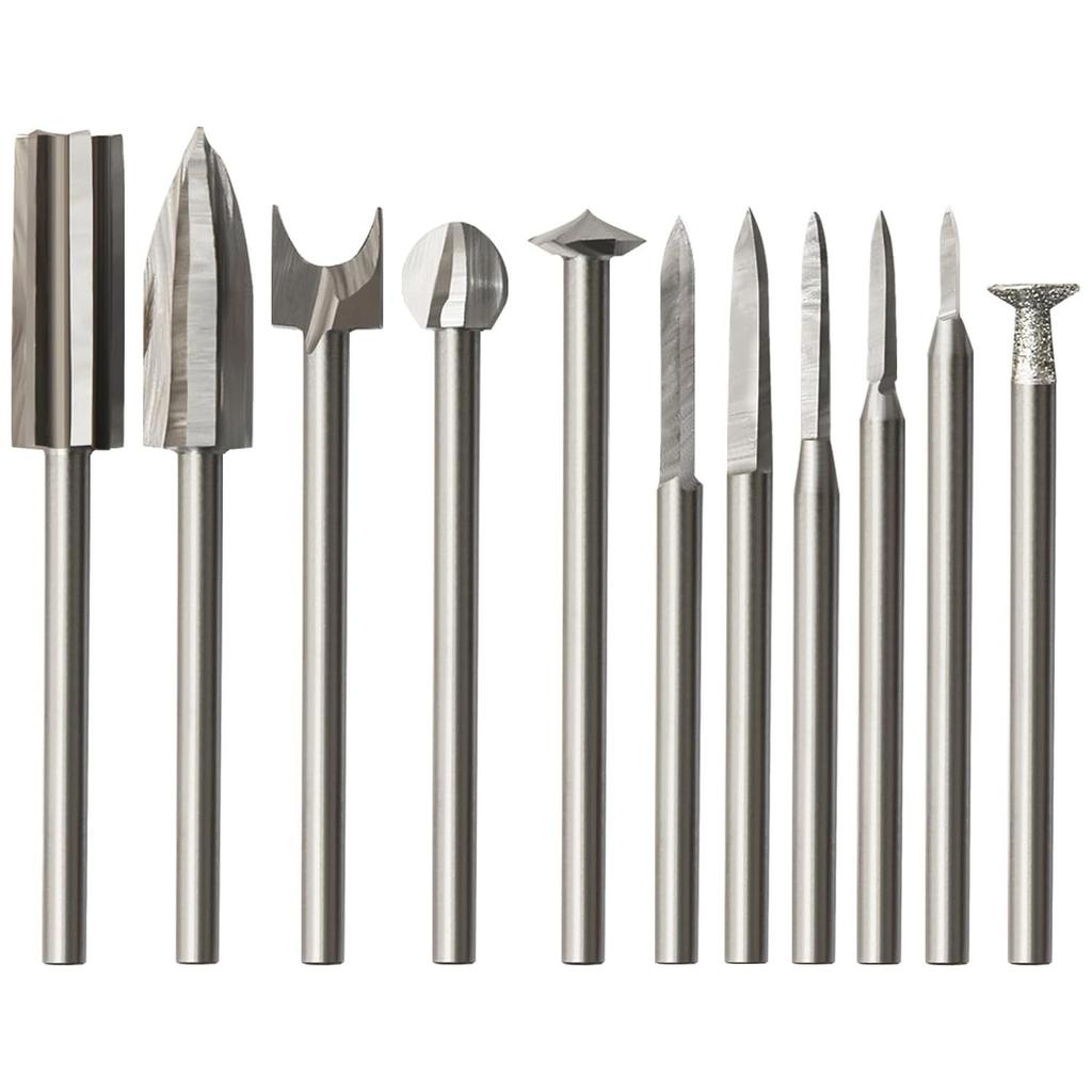 11 штук Дереворежущие сверла для роторных инструментов, с хвостовиком 1/8 дюйма и различными гравировальными головками для деревообработки