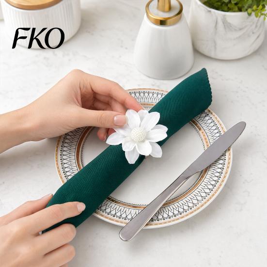 Napkin Ring 6Pcs White Lotus Rings, Chiffon Flower Metal Holders, Faux Soft Fabric Pearl Dinner Rings for Wedding Bridal Shower Table