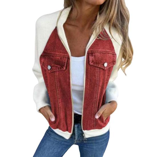 Fall Winter Women Jacket Color Matching Zip-up Pockets Cardigan Long Sleeves Patchwork Raglan Shoulder Turn-down Collar Casual Daily Wear Coat