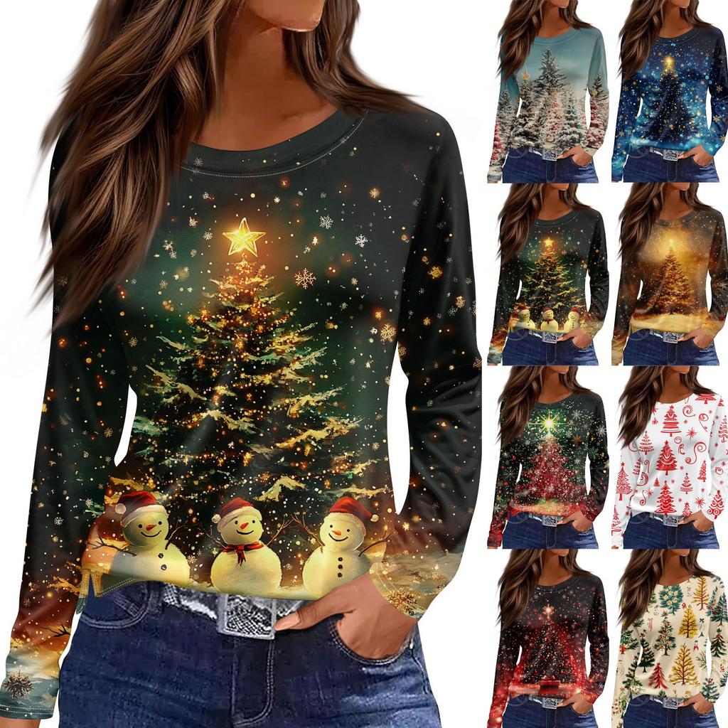 Женская модная повседневная футболка с разрезом и круглым вырезом, длинным рукавом, с рождественским принтом