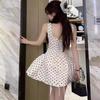 Абрикосовое платье-сарафан с квадратным вырезом, женская весенняя нежность, короткая юбка на талии, повседневное женское платье в горошек