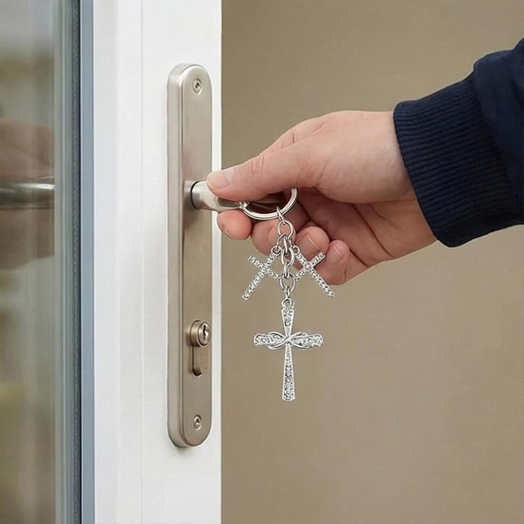 Exquisite Rhinestones Embellished Metal Crucifix Key Holder for Keys Backpacks and Decorative Accessory Keyring Charm